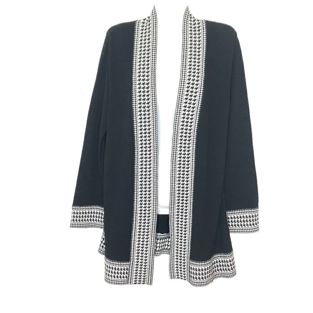 Laura Ashley Sweater Open Cardigan NWOT Black with Wide (3") Houndstooth Trim